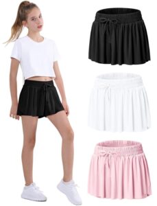 3 pack girls flowy butterfly shorts athletic 2 in 1 running skirt shorts preppy cheer gymnastics flow kids clothes black white pink 8y