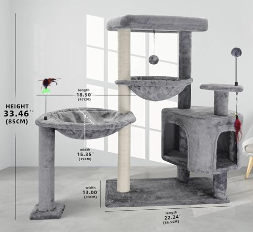 YOUPET 33.46" Height Cat Tree with Cat Condo Big Hammock and Two Replacement Spring Balls,Grey …