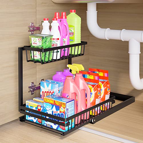 Under Sink Organizers and Storage, 2 Tier Stainless Steel Slide Out Under Sink Storage, 2023 New Upgraded Pull Out Cabinet Organizer Shelf for Bathroom Kitchen Organization and Storage, Black