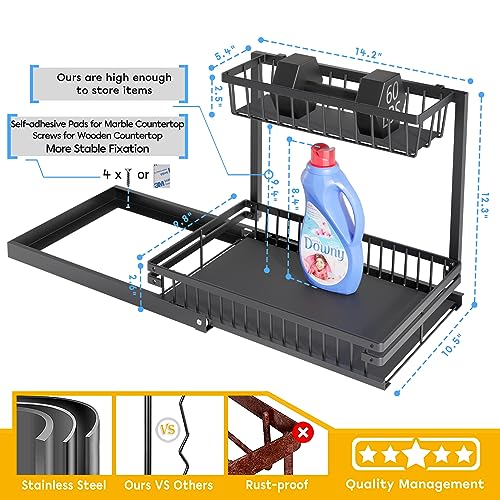 Under Sink Organizers and Storage, 2 Tier Stainless Steel Slide Out Under Sink Storage, 2023 New Upgraded Pull Out Cabinet Organizer Shelf for Bathroom Kitchen Organization and Storage, Black