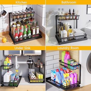 Under Sink Organizers and Storage, 2 Tier Stainless Steel Slide Out Under Sink Storage, 2023 New Upgraded Pull Out Cabinet Organizer Shelf for Bathroom Kitchen Organization and Storage, Black