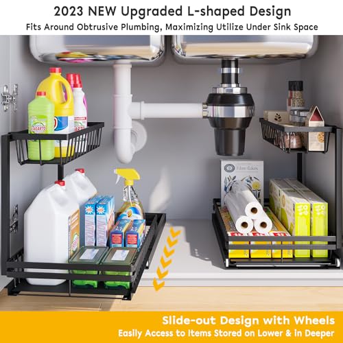 Under Sink Organizers and Storage, 2 Tier Stainless Steel Slide Out Under Sink Storage, 2023 New Upgraded Pull Out Cabinet Organizer Shelf for Bathroom Kitchen Organization and Storage, Black