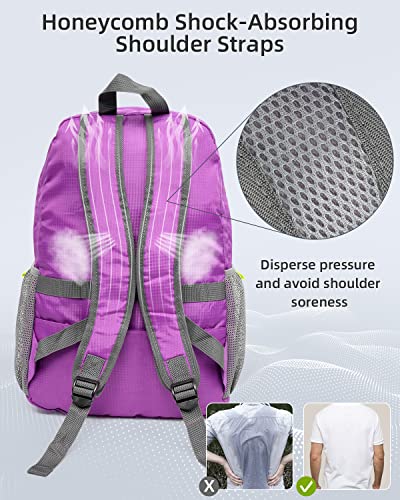 MULISOFT 30L Foldable Hiking Backpack, Lightweight Camping Backpack for Outdoor, Travel, Water-Resistant day backpack for Men & Women, Multifunctional Daypack with 8 Compartments, Purple