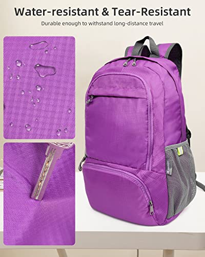 MULISOFT 30L Foldable Hiking Backpack, Lightweight Camping Backpack for Outdoor, Travel, Water-Resistant day backpack for Men & Women, Multifunctional Daypack with 8 Compartments, Purple