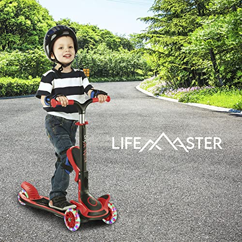 Kids Scooter – Foldable Seat – LED Wheel Lights Illuminate When Rolling – Children and Toddler 3 Wheel Kick Scooter – Adjustable Handlebar – Indoor and Outdoor- Red - by Lifemaster