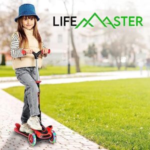 Kids Scooter – Foldable Seat – LED Wheel Lights Illuminate When Rolling – Children and Toddler 3 Wheel Kick Scooter – Adjustable Handlebar – Indoor and Outdoor- Red - by Lifemaster