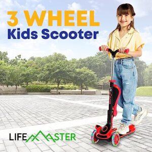 Kids Scooter – Foldable Seat – LED Wheel Lights Illuminate When Rolling – Children and Toddler 3 Wheel Kick Scooter – Adjustable Handlebar – Indoor and Outdoor- Red - by Lifemaster