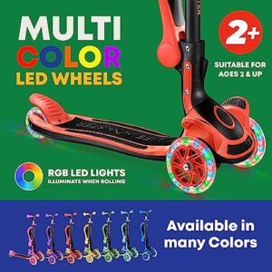 Kids Scooter – Foldable Seat – LED Wheel Lights Illuminate When Rolling – Children and Toddler 3 Wheel Kick Scooter – Adjustable Handlebar – Indoor and Outdoor- Red - by Lifemaster