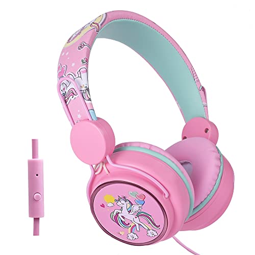 FLOKYU Unicorn Kids Headphones with Microphone, 85dB Cute Wired Headphones for Kids Girls Boys School Christmas (Pink)