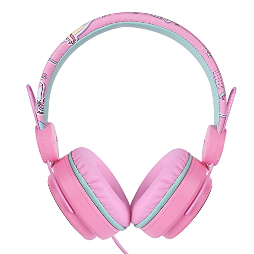 FLOKYU Unicorn Kids Headphones with Microphone, 85dB Cute Wired Headphones for Kids Girls Boys School Christmas (Pink)