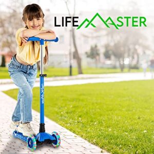 Kids Scooter – Children and Toddler 3 Wheel Kick Scooter – LED Wheel Lights Illuminate When Rolling– Adjustable Handlebar – Indoor and Outdoor Blue - Lifemaster