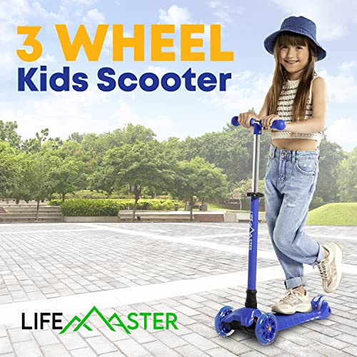 Kids Scooter – Children and Toddler 3 Wheel Kick Scooter – LED Wheel Lights Illuminate When Rolling– Adjustable Handlebar – Indoor and Outdoor Blue - Lifemaster