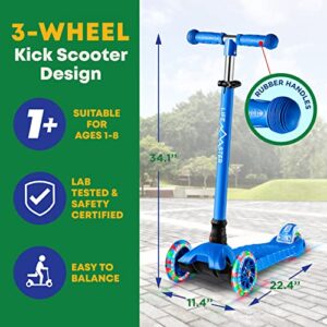 Kids Scooter – Children and Toddler 3 Wheel Kick Scooter – LED Wheel Lights Illuminate When Rolling– Adjustable Handlebar – Indoor and Outdoor Blue - Lifemaster