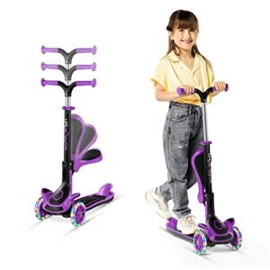 kids scooter – foldable seat – led wheel lights illuminate when rolling – children and toddler 3 wheel kick scooter – adjustable handlebar – indoor and outdoor- purple - by lifemaster