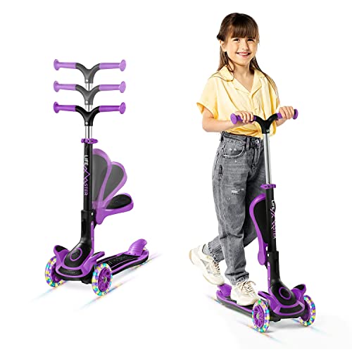 Kids Scooter – Foldable Seat – LED Wheel Lights Illuminate When Rolling – Children and Toddler 3 Wheel Kick Scooter – Adjustable Handlebar – Indoor and Outdoor- Purple - by Lifemaster