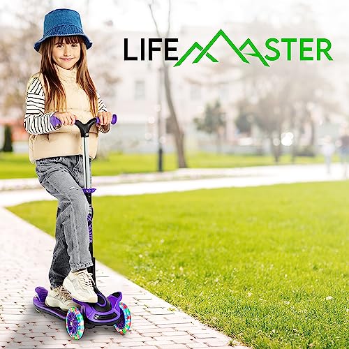 Kids Scooter – Foldable Seat – LED Wheel Lights Illuminate When Rolling – Children and Toddler 3 Wheel Kick Scooter – Adjustable Handlebar – Indoor and Outdoor- Purple - by Lifemaster