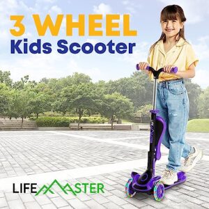 Kids Scooter – Foldable Seat – LED Wheel Lights Illuminate When Rolling – Children and Toddler 3 Wheel Kick Scooter – Adjustable Handlebar – Indoor and Outdoor- Purple - by Lifemaster