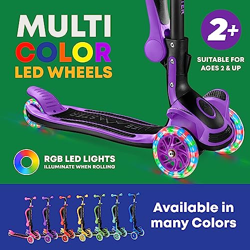 Kids Scooter – Foldable Seat – LED Wheel Lights Illuminate When Rolling – Children and Toddler 3 Wheel Kick Scooter – Adjustable Handlebar – Indoor and Outdoor- Purple - by Lifemaster