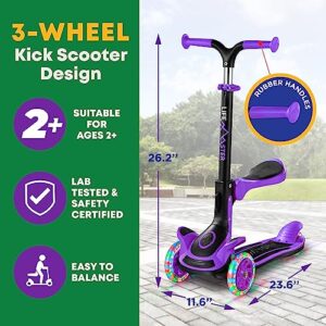 Kids Scooter – Foldable Seat – LED Wheel Lights Illuminate When Rolling – Children and Toddler 3 Wheel Kick Scooter – Adjustable Handlebar – Indoor and Outdoor- Purple - by Lifemaster