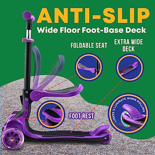 Kids Scooter – Foldable Seat – LED Wheel Lights Illuminate When Rolling – Children and Toddler 3 Wheel Kick Scooter – Adjustable Handlebar – Indoor and Outdoor- Purple - by Lifemaster