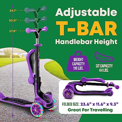 Kids Scooter – Foldable Seat – LED Wheel Lights Illuminate When Rolling – Children and Toddler 3 Wheel Kick Scooter – Adjustable Handlebar – Indoor and Outdoor- Purple - by Lifemaster