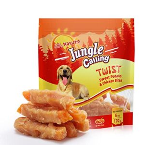 jungle calling dog treats, skinless chicken wrapped sweet potato, gluten and grain free, chewy dog bites for balanced nutrition, 6 oz
