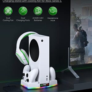 Cooling Stand & Charging Station for Xbox Series S with RGB Light Strip,Dual Charger of Controllers and Cooler Fan for XSS Console Accessories with 2*1400mAH Rechargeable Battery Pack,1*Headphone Hook