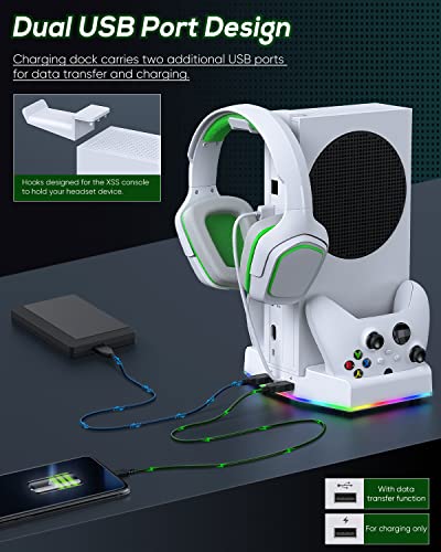 Cooling Stand & Charging Station for Xbox Series S with RGB Light Strip,Dual Charger of Controllers and Cooler Fan for XSS Console Accessories with 2*1400mAH Rechargeable Battery Pack,1*Headphone Hook