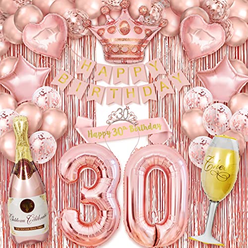 30th Birthday Decorations for Women, Rose Gold 30 Birthday Decorations for Her, Including Happy Birthday Sash, Crown, Banner, Foil Backdrops, Rosegold Balloons for 30th Birthday Party Supplies