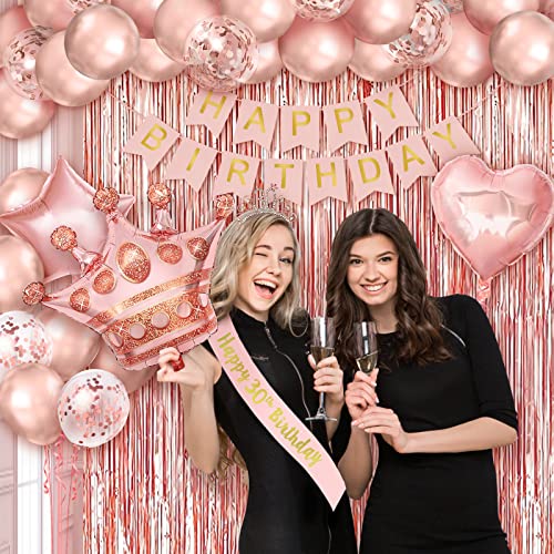 30th Birthday Decorations for Women, Rose Gold 30 Birthday Decorations for Her, Including Happy Birthday Sash, Crown, Banner, Foil Backdrops, Rosegold Balloons for 30th Birthday Party Supplies