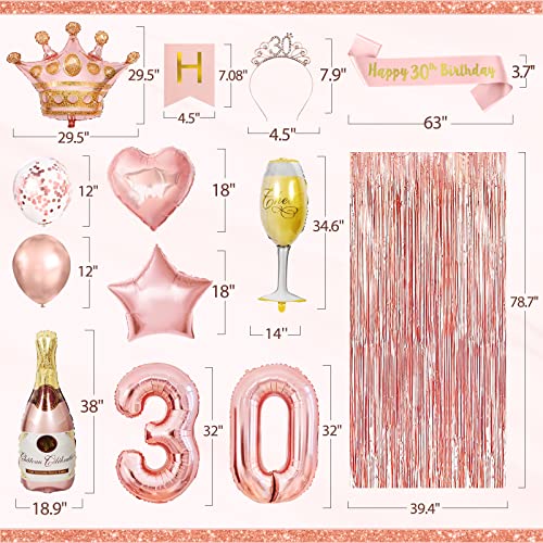 30th Birthday Decorations for Women, Rose Gold 30 Birthday Decorations for Her, Including Happy Birthday Sash, Crown, Banner, Foil Backdrops, Rosegold Balloons for 30th Birthday Party Supplies