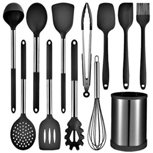 keidason kitchen cooking utensils set, 12-piece non-stick silicone kitchen utensils set heat-resistant stainless steel handle,bpa-free, kitchen tool set (black)