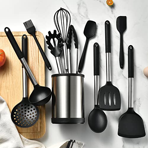 Keidason Kitchen Cooking Utensils Set, 12-piece Non-stick Silicone Kitchen Utensils Set Heat-resistant Stainless Steel Handle,BPA-Free, Kitchen Tool Set (Black)