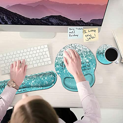 Ergonomic Mouse Pad with Gel Wrist Rest Support, Comfortable Memory Foam Keyboard Wrist Rest Easy Typing, Anti-Slip Keyboard Desk Pad for Office, Psalm 46:5 Blue Glitter Pattern Gaming Mouse Mat