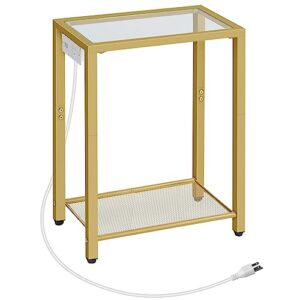 hoobro end table, side table with charging station, 2-tier nightstand with storage shelves, small space bedside table, telephone table, modern coffee table, tempered glass, living room, gold gd56ubz01