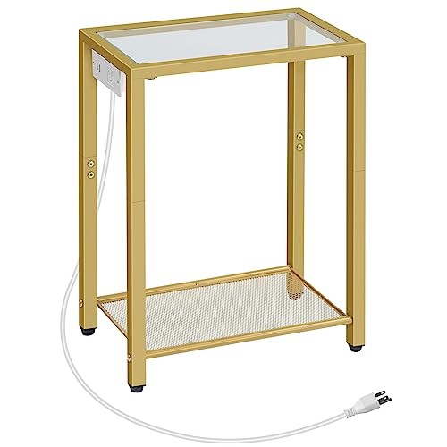 HOOBRO End Table, Side Table with Charging Station, 2-Tier Nightstand with Storage Shelves, Small Space Bedside Table, Telephone Table, Modern Coffee Table, Tempered Glass, Living Room, Gold GD56UBZ01