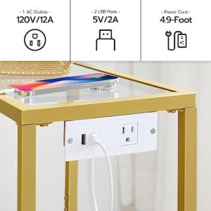 HOOBRO End Table, Side Table with Charging Station, 2-Tier Nightstand with Storage Shelves, Small Space Bedside Table, Telephone Table, Modern Coffee Table, Tempered Glass, Living Room, Gold GD56UBZ01