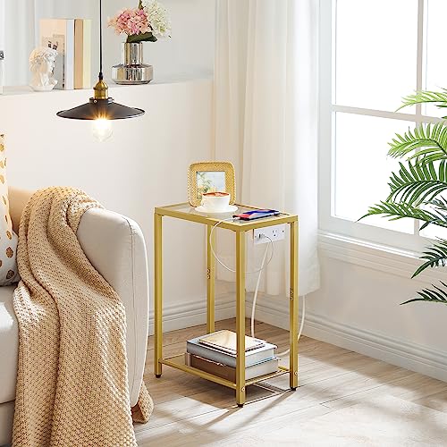 HOOBRO End Table, Side Table with Charging Station, 2-Tier Nightstand with Storage Shelves, Small Space Bedside Table, Telephone Table, Modern Coffee Table, Tempered Glass, Living Room, Gold GD56UBZ01