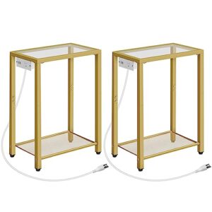 hoobro end tables set of 2, side table with charging station, 2-tier nightstands with storage shelves, small space bedside table, telephone table, tempered glass, living room, gold gd56ubzp201