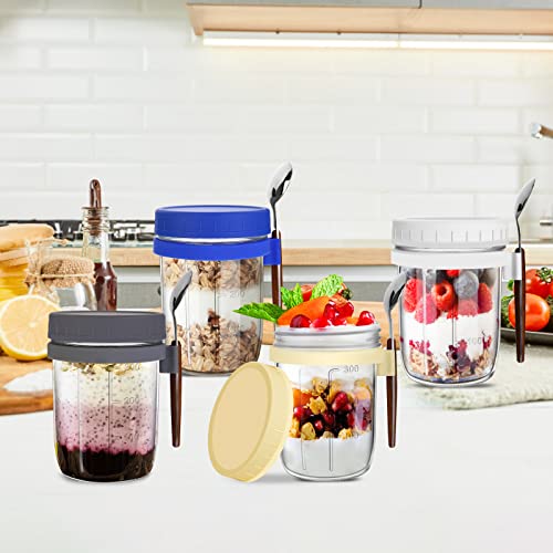 AeKahtay 4 Pack Overnight Oats Containers with Lids and Spoons, 16 oz Glass Mason Overnight Oats Jars, Cereal, Milk, Yogurt Meal Prep, Oatmeal Jars with Lids Ideal for Home, Office Grab and Go