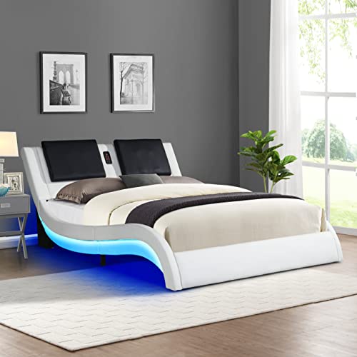 Upholstered LED Bed Frame, King Size Smart LED Platform Bed Frame with Curve Design and Headboard, Wooden Slats Support, No Box Spring Needed, White