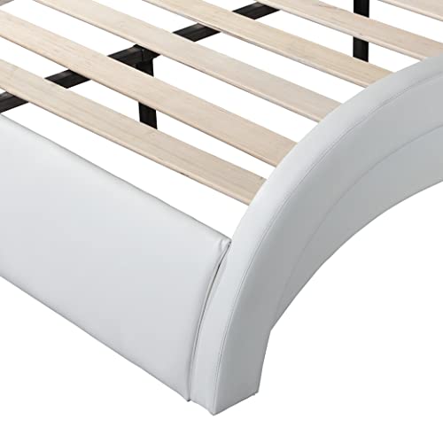 Upholstered LED Bed Frame, King Size Smart LED Platform Bed Frame with Curve Design and Headboard, Wooden Slats Support, No Box Spring Needed, White