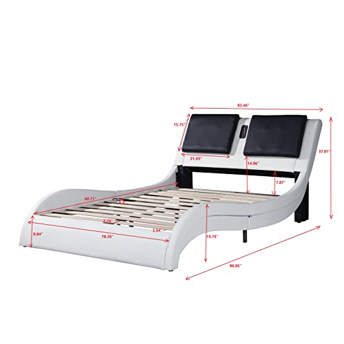 Upholstered LED Bed Frame, King Size Smart LED Platform Bed Frame with Curve Design and Headboard, Wooden Slats Support, No Box Spring Needed, White