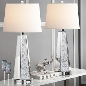 hamucd set of 2 mirrored glass bedside table lamps for bedrooms with 2 usb ports chrome modern silver living room lamps for end tables glam comtempory style side nightstand lamps for art deco