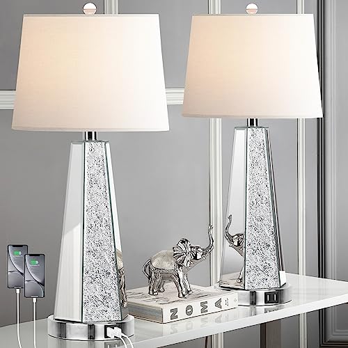 Hamucd Set of 2 Mirrored Glass Bedside Table Lamps for Bedrooms with 2 USB Ports Chrome Modern Silver Living Room Lamps for End Tables Glam Comtempory Style Side Nightstand Lamps for Art Deco