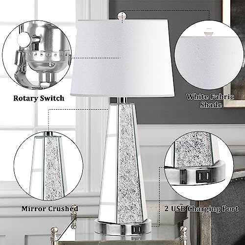 Hamucd Set of 2 Mirrored Glass Bedside Table Lamps for Bedrooms with 2 USB Ports Chrome Modern Silver Living Room Lamps for End Tables Glam Comtempory Style Side Nightstand Lamps for Art Deco