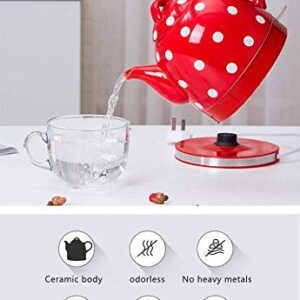 -Eleactric Ceramic Cordless Kettle Teapot-Retro 1.0L, 1000W Water Fast for Tea, Coffee, Soup, Oatmeal-Removable Base, Boil Dry Protection/Red/Blue