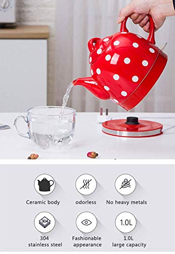 -Eleactric Ceramic Cordless Kettle Teapot-Retro 1.0L, 1000W Water Fast for Tea, Coffee, Soup, Oatmeal-Removable Base, Boil Dry Protection/Red/Blue