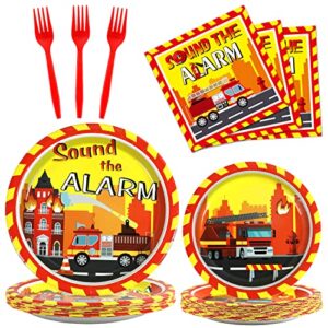 25 guests firetruck birthday party decorations fireman plates and napkins for firefighter party supplies fire truck birthday theme disposable dinnerware set for kids fireman firefighter party favors