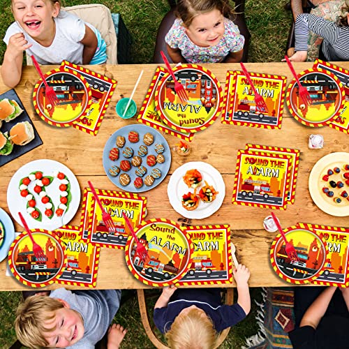 25 Guests Firetruck Birthday Party Decorations Fireman Plates and Napkins for Firefighter Party Supplies Fire Truck Birthday Theme Disposable Dinnerware Set for Kids Fireman Firefighter Party Favors